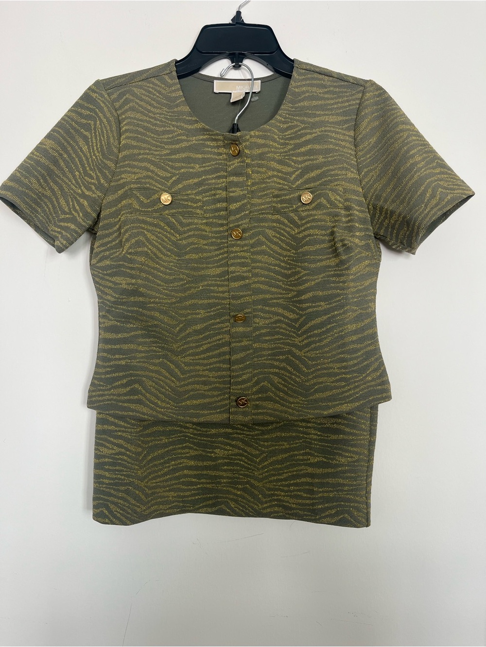 MICHAEL Michael Kors Olive Zebra-Print Button Front Top with Gold Buttons